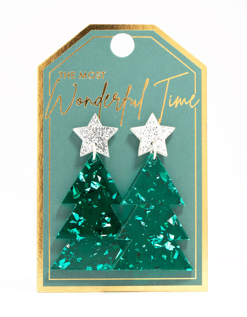 Green Acrylic With Silver Star Tree Earrings - Image 3