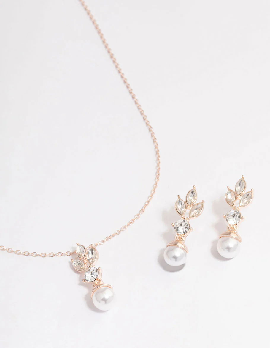 Rose Gold Leafy Diamante & Pearl Jewellery Set - Image 3