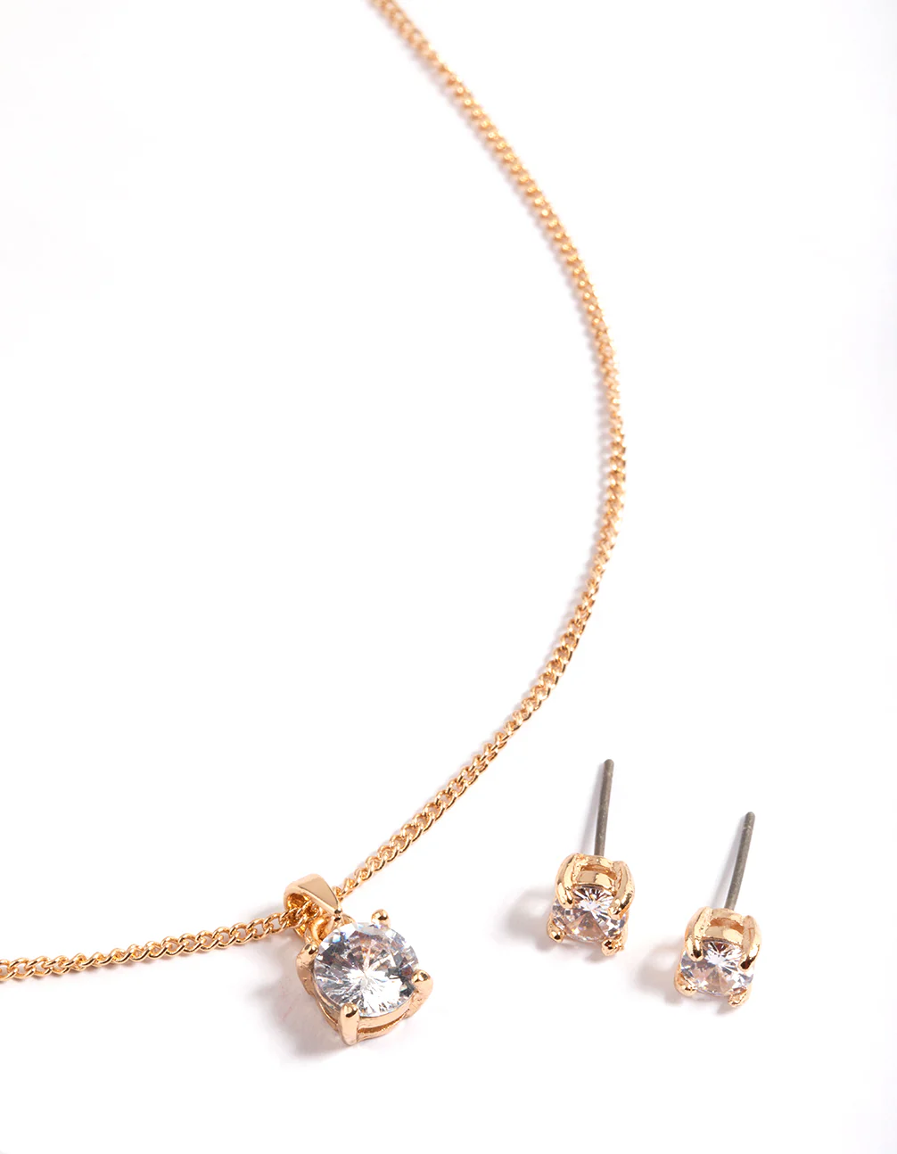 Gold Cubic Zirconia Solitaire Necklace & Stud Earrings - Image 2