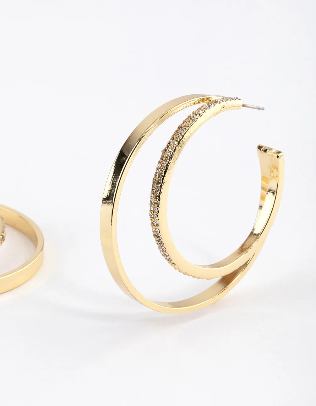 Gold Plated Large Layered Diamante Double Hoop Earrings - Image 3