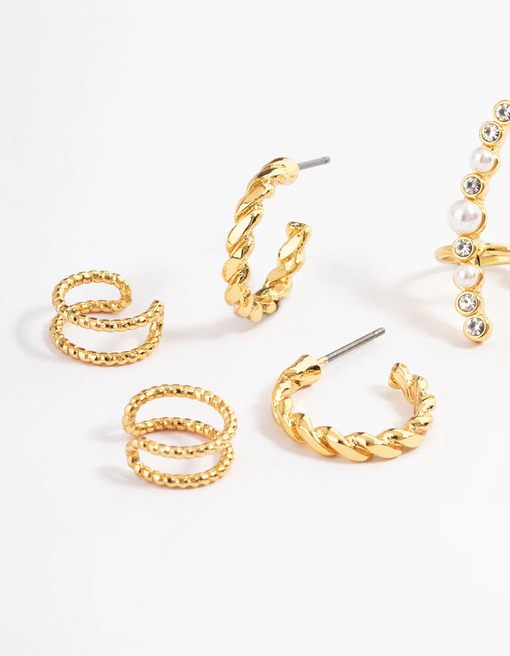 Gold Plated Pearl Diamante Cuff & Double Hoop Earring Pack - Image 2