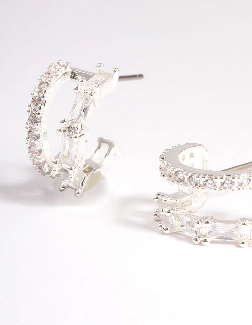 Silver Plated Diamante Baguette Double Cuff Hoop Earrings - Image 2