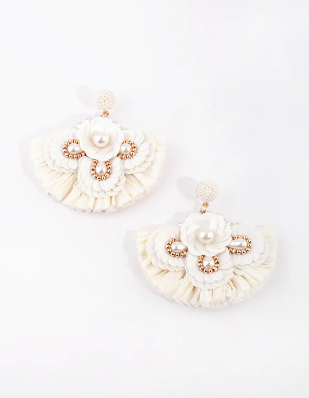 White Raffia Sequin Fan Earrings - Image 3