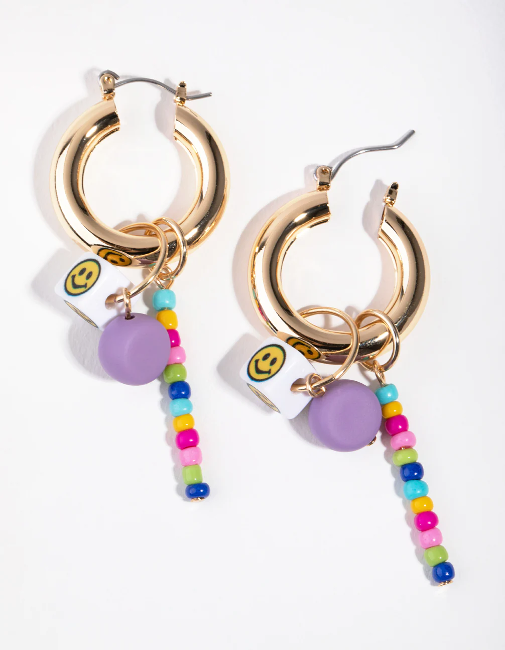 Gold Smiley Dice Beaded Hoop Earrings - Image 2