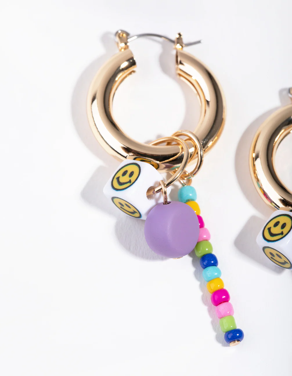 Gold Smiley Dice Beaded Hoop Earrings - Image 3
