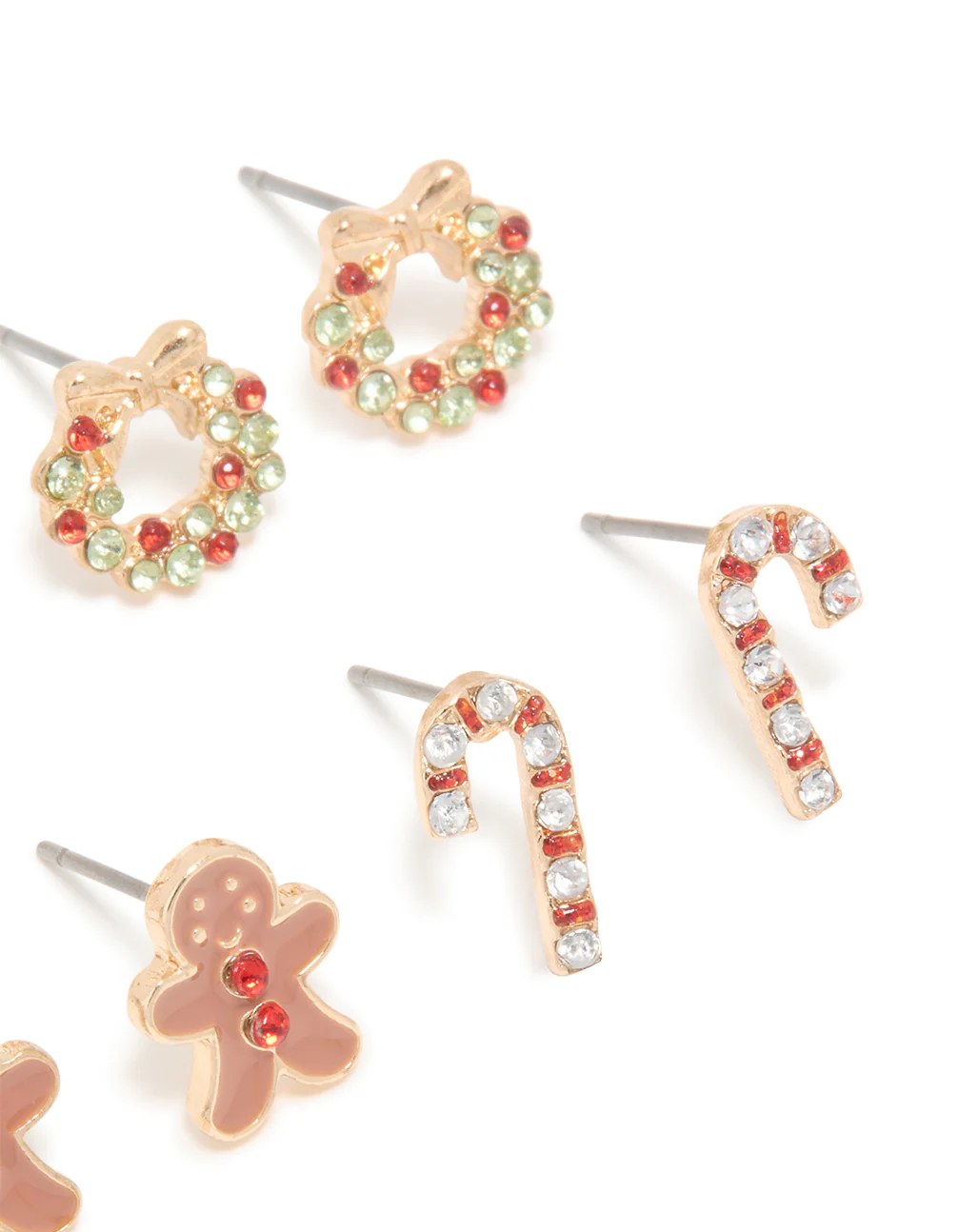 Kids Gold Diamante Gingerbread Man & Wreath Stud Earrings 6-Pack - Image 3
