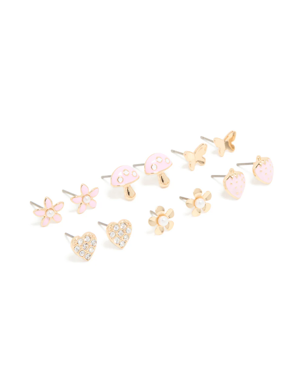 Kids Gold Pastel Pink Strawberry & Mushroom Stud Earrings 6-Pack