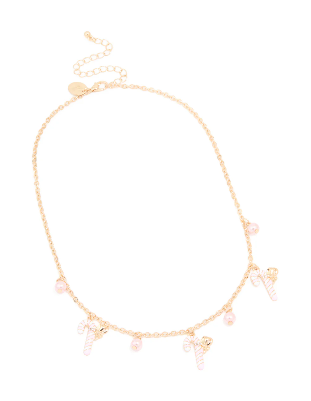 Kids Gold Pink Bead & Candy Cane Charm Necklace - Image 2