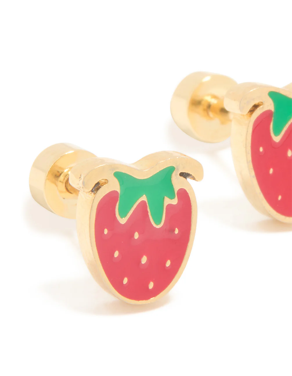Kids Gold Plated Surgical Steel Enamel Strawberry Flat Back Studs - Image 2