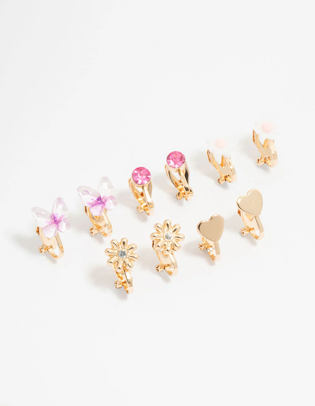 KIds Gold Pom Pom Flower & Butterfly Clip On Earrings 3-Pack