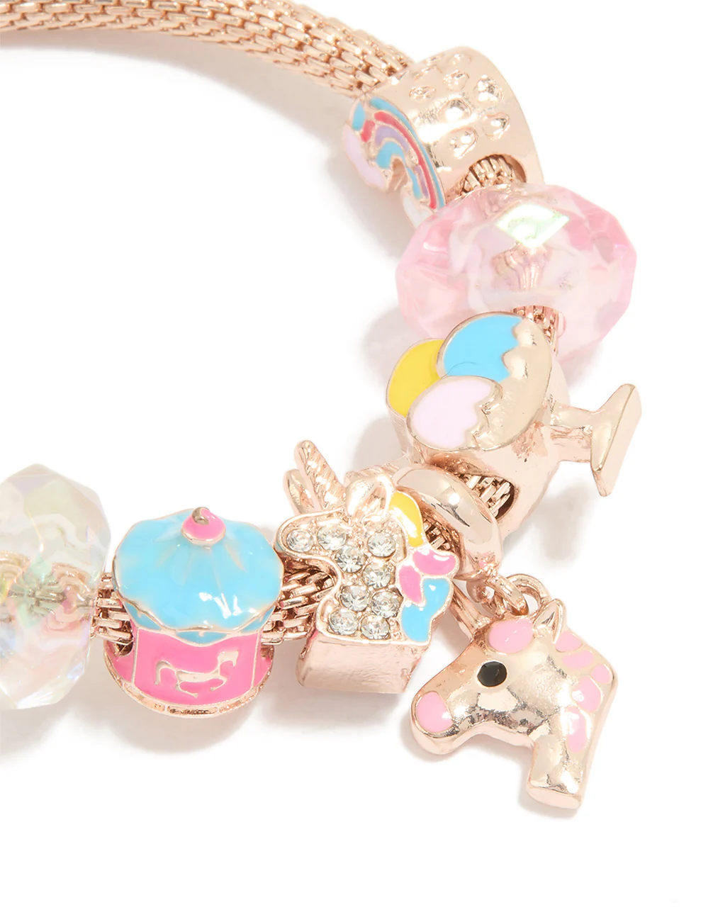 Kids Rose Gold Diamante Unicorn & Pink Bead Charm Bracelet - Image 2