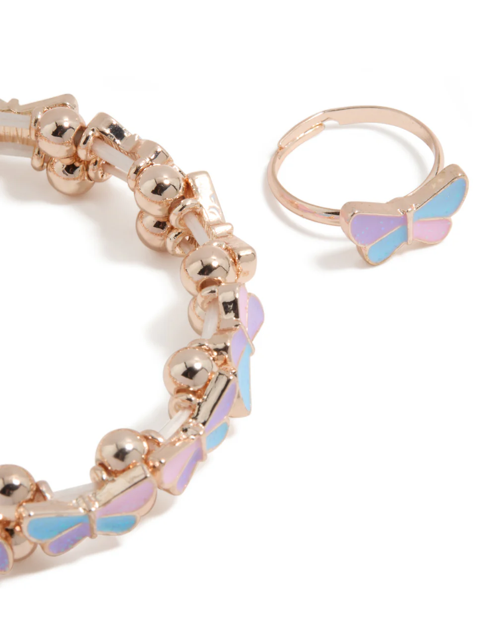 Kids Rose Gold Pastel Butterfly Bracelet & Ring Set - Image 2