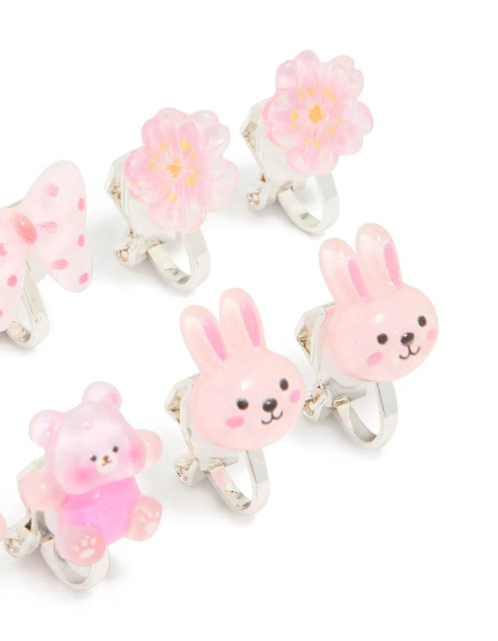 Kids Silver Bubble Bunny & Heart Clip-On Earrings 5-Pack - Image 3