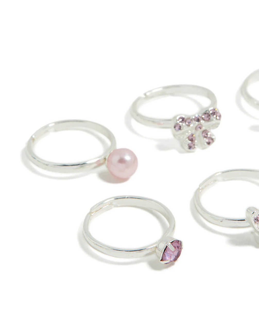 Kids Silver Diamante Butterfly & Bow Rings 6-Pack - Image 2