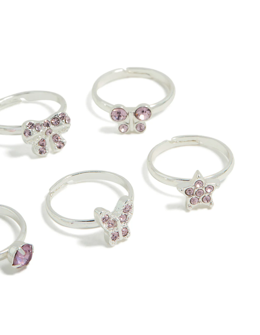 Kids Silver Diamante Butterfly & Bow Rings 6-Pack - Image 3