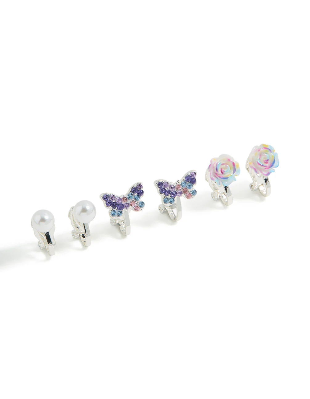 Kids Silver Ombre Rose & Pearl Clip-On Earrings 5-Pack - Image 2
