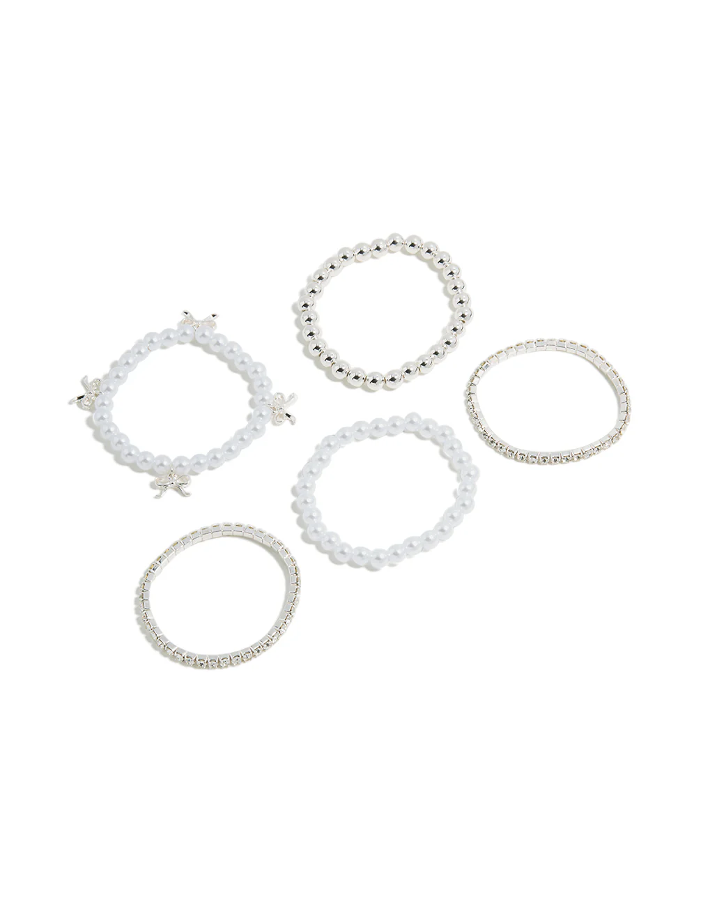 Kids Silver Tennis & Pearl Bow Stretch Bracelets 5-Pack