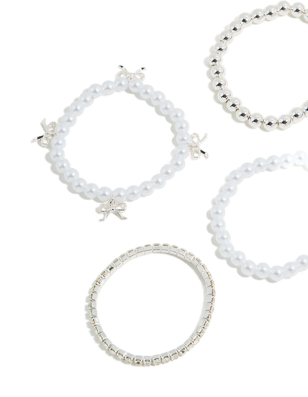 Kids Silver Tennis & Pearl Bow Stretch Bracelets 5-Pack - Image 2