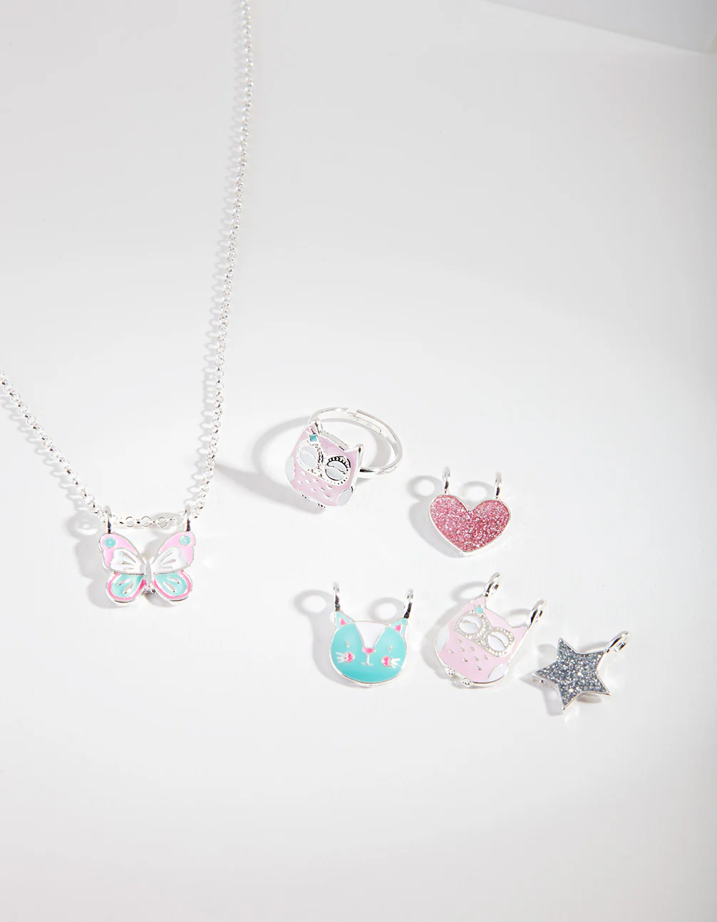 Kids Silver Multi Charm Ring Necklace Set - Image 3