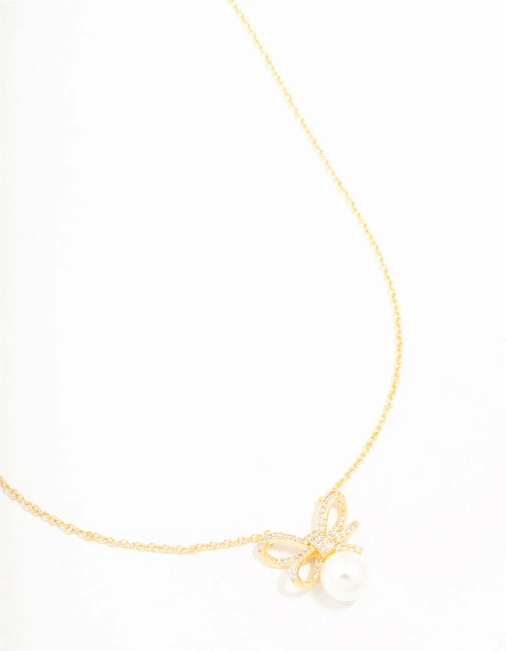 Large Real Gold Plated Cubic Zirconia Looped Bow & Freshwater Pearl Necklace