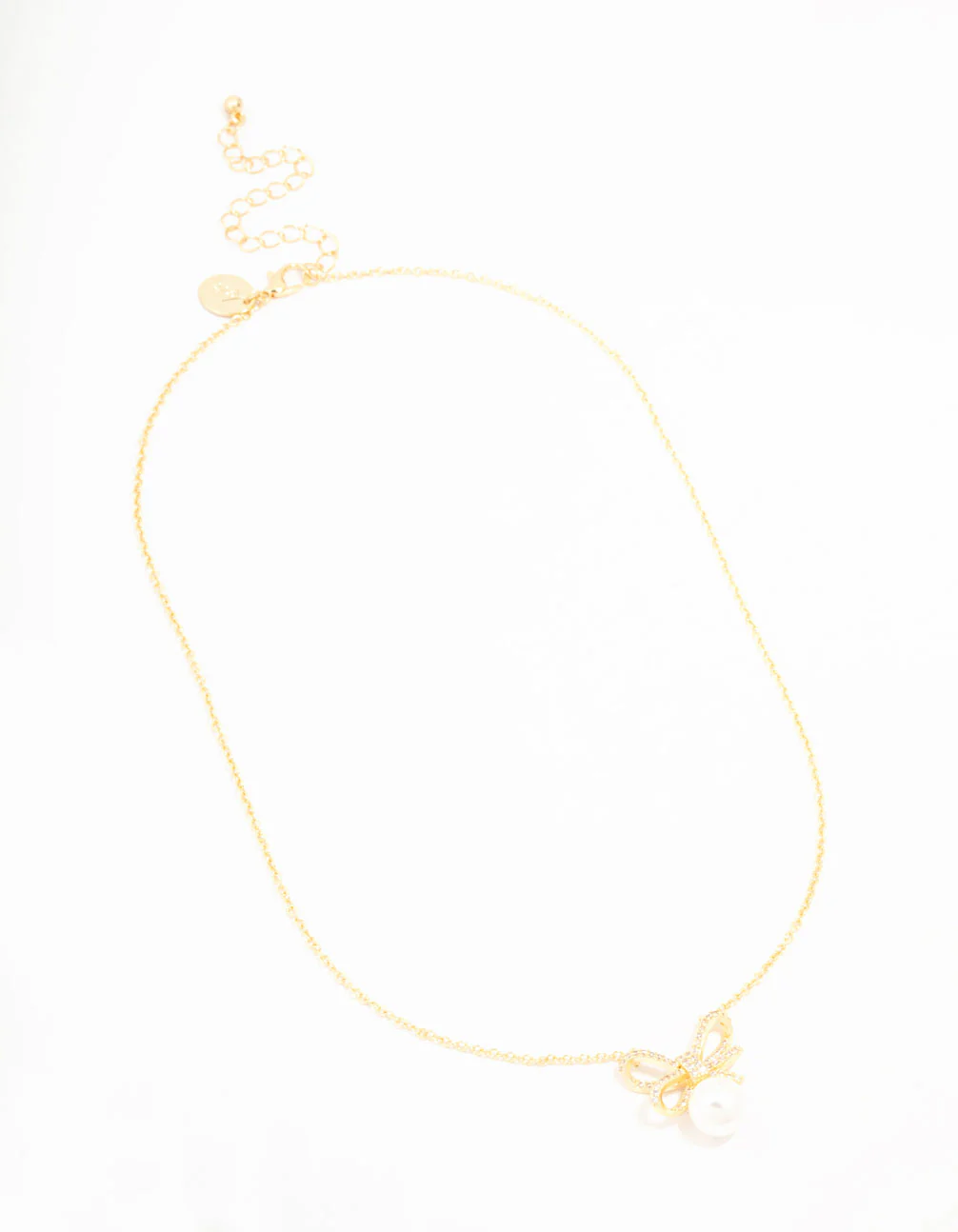 Large Real Gold Plated Cubic Zirconia Looped Bow & Freshwater Pearl Necklace - Image 2