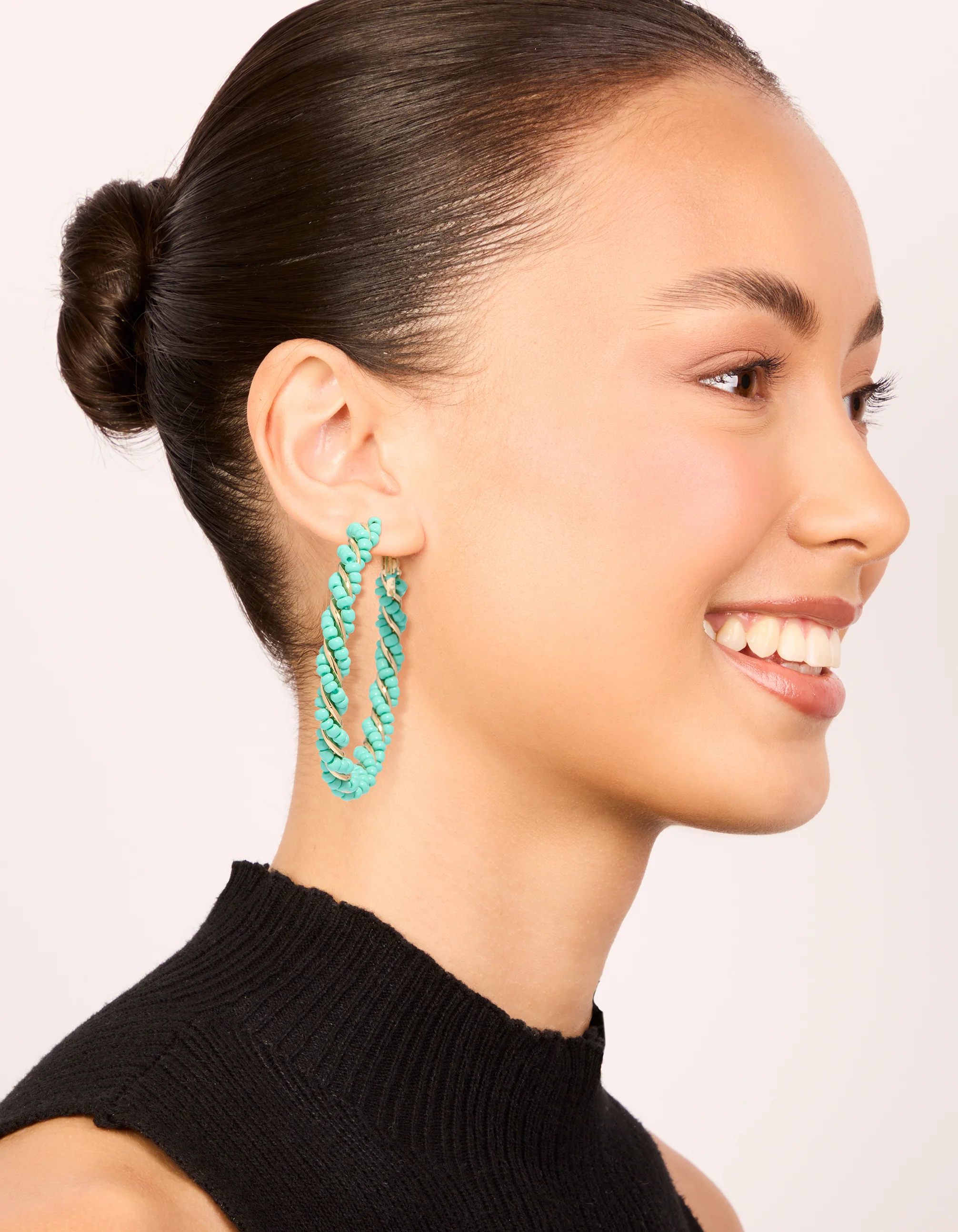 Light Blue Beaded Small Hoop Earrings - Image 2