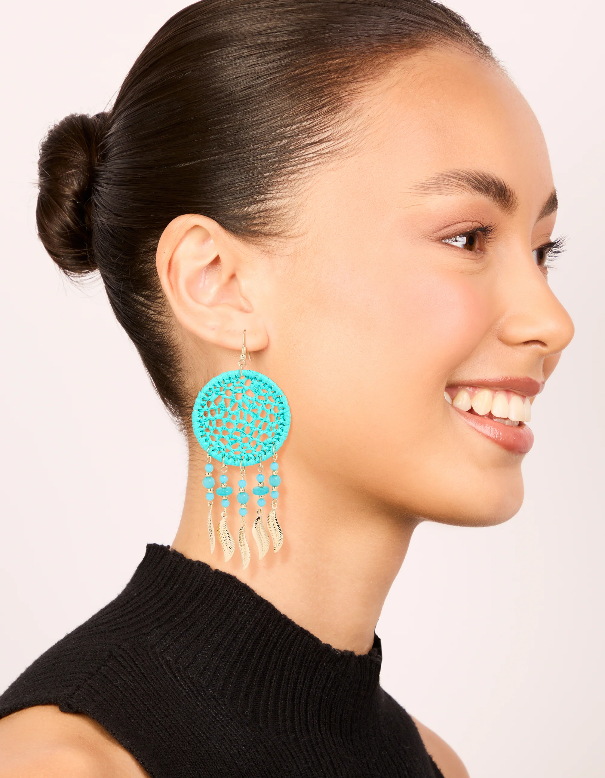 Light Blue Fabric Dreamcatcher Drop Earrings - Image 3