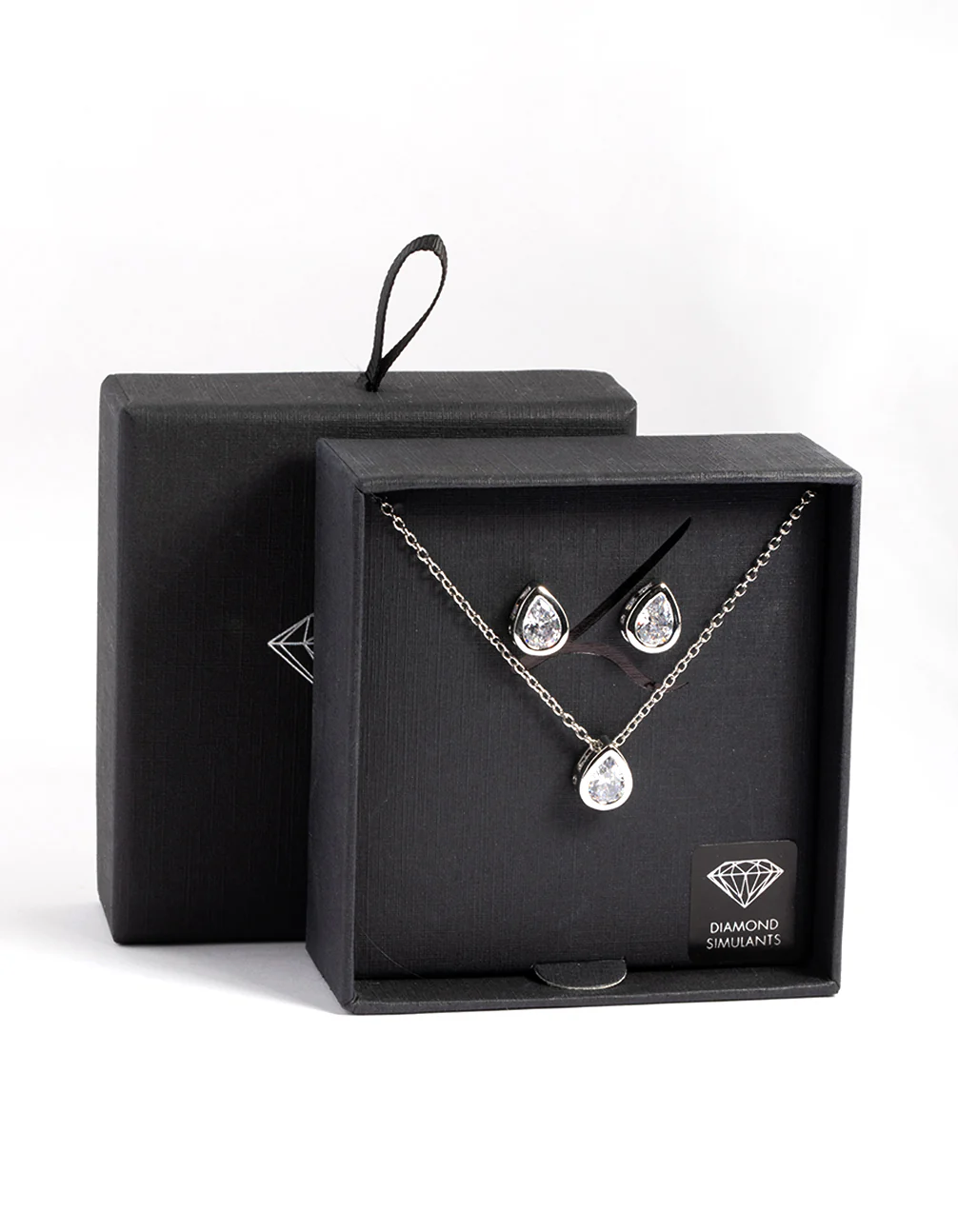 Silver Diamond Simulant Clear Teardrop Earring & Necklace Set - Image 2