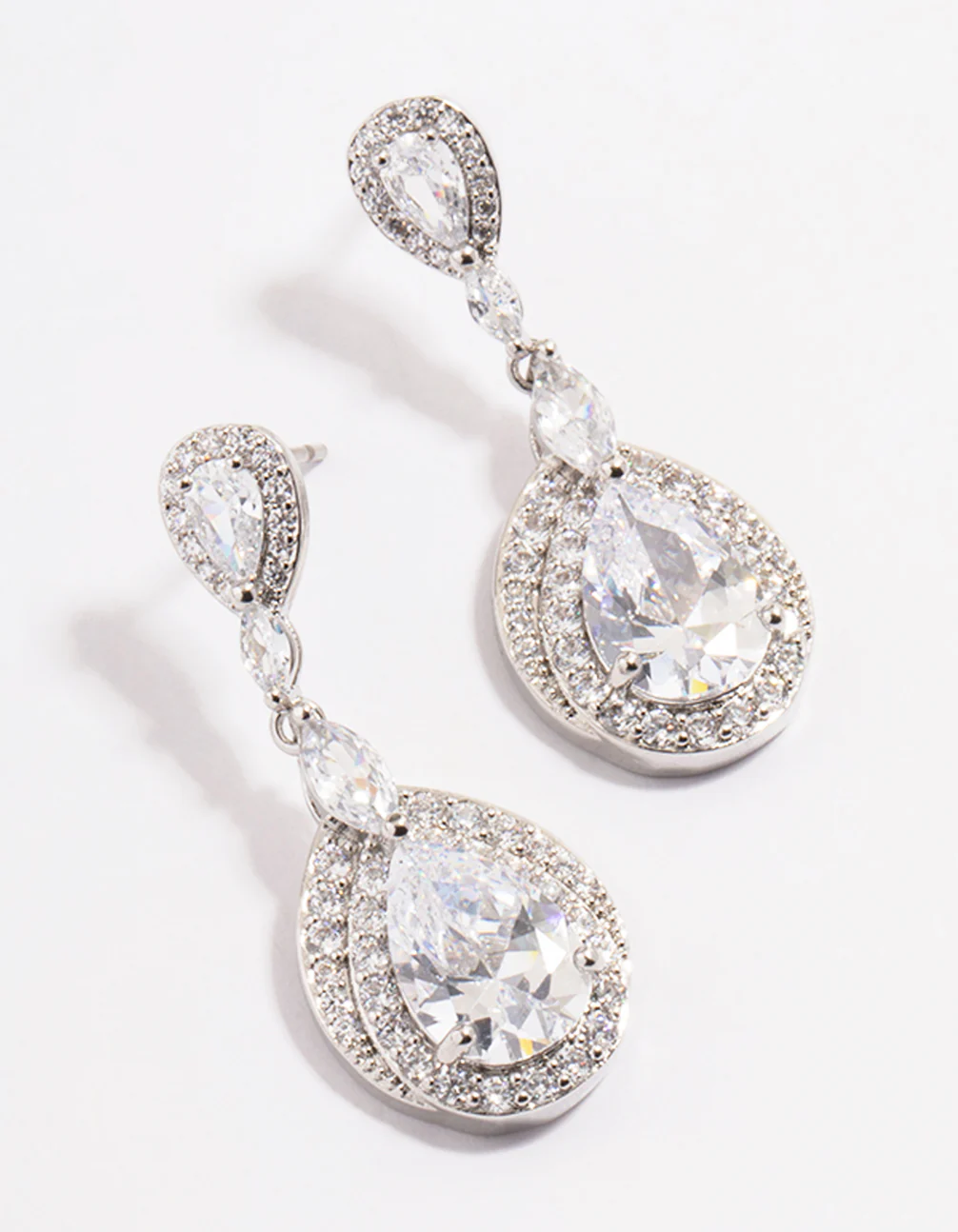Silver Diamond Simulant Detail Pear Drop Earrings