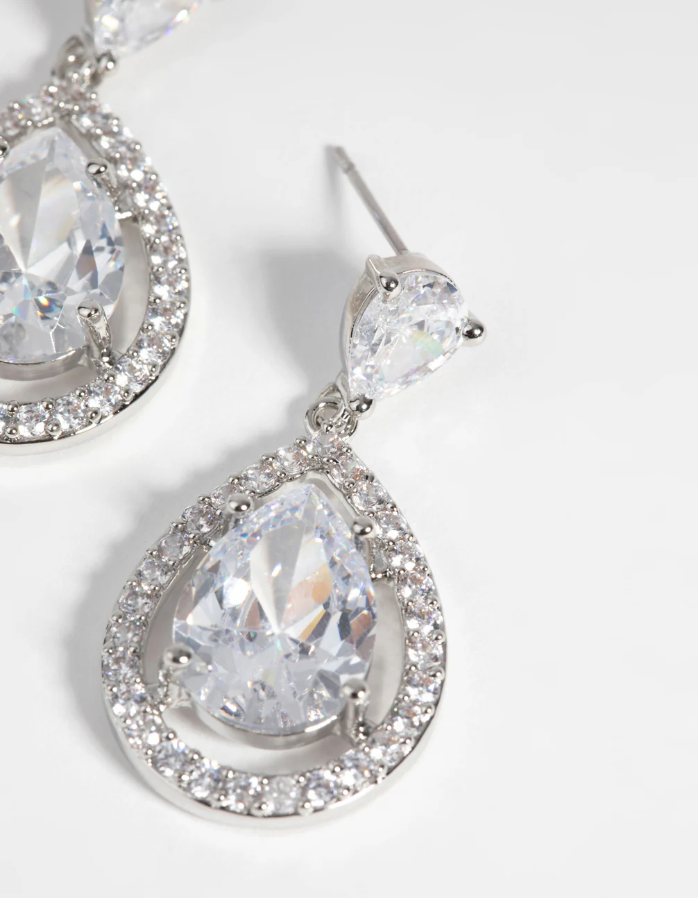 Rhodium Diamond Simulant Halo Teardrop Earrings - Image 2