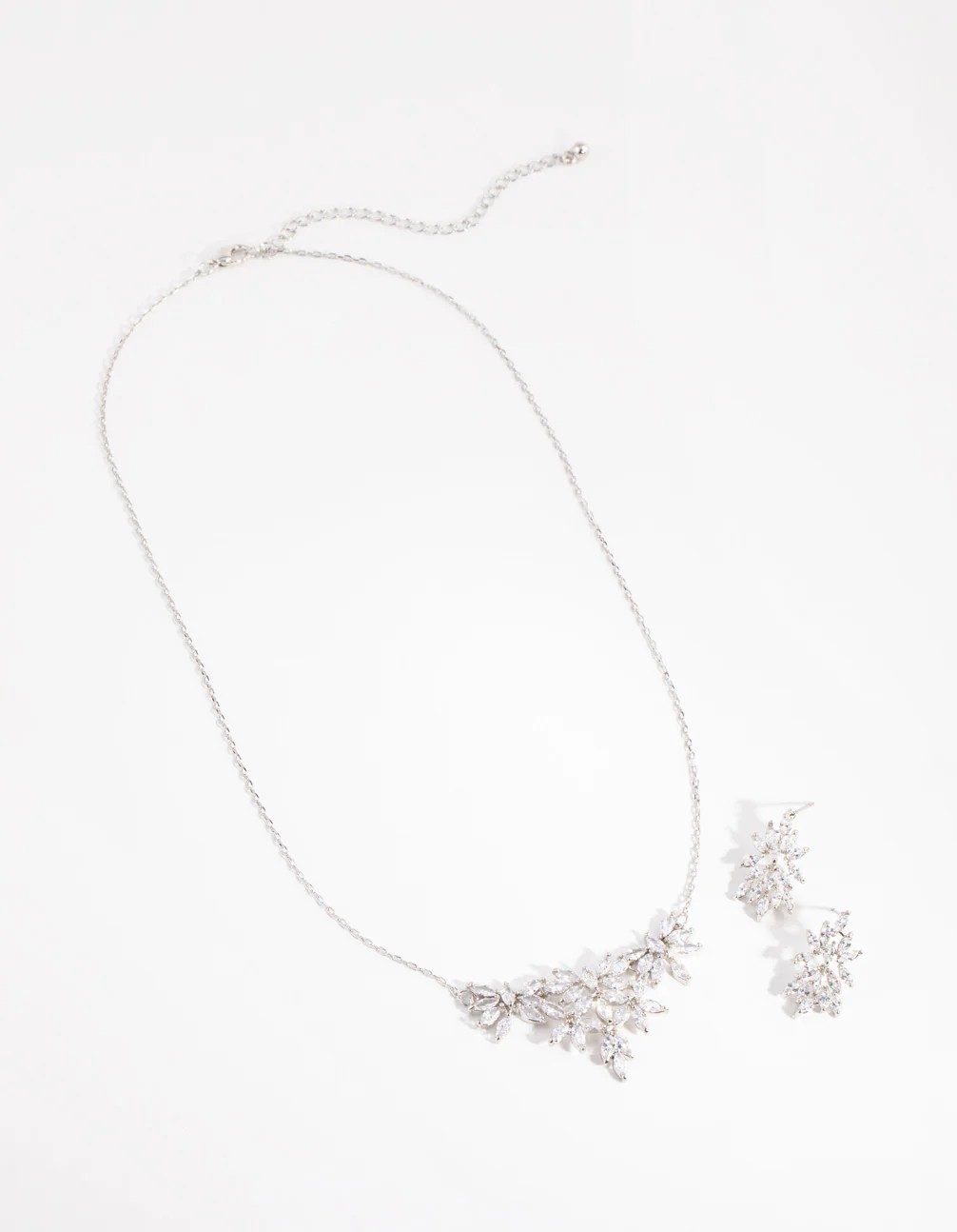Silver Diamond Simulant Navette Flower Necklace & Earrings Set - Image 2