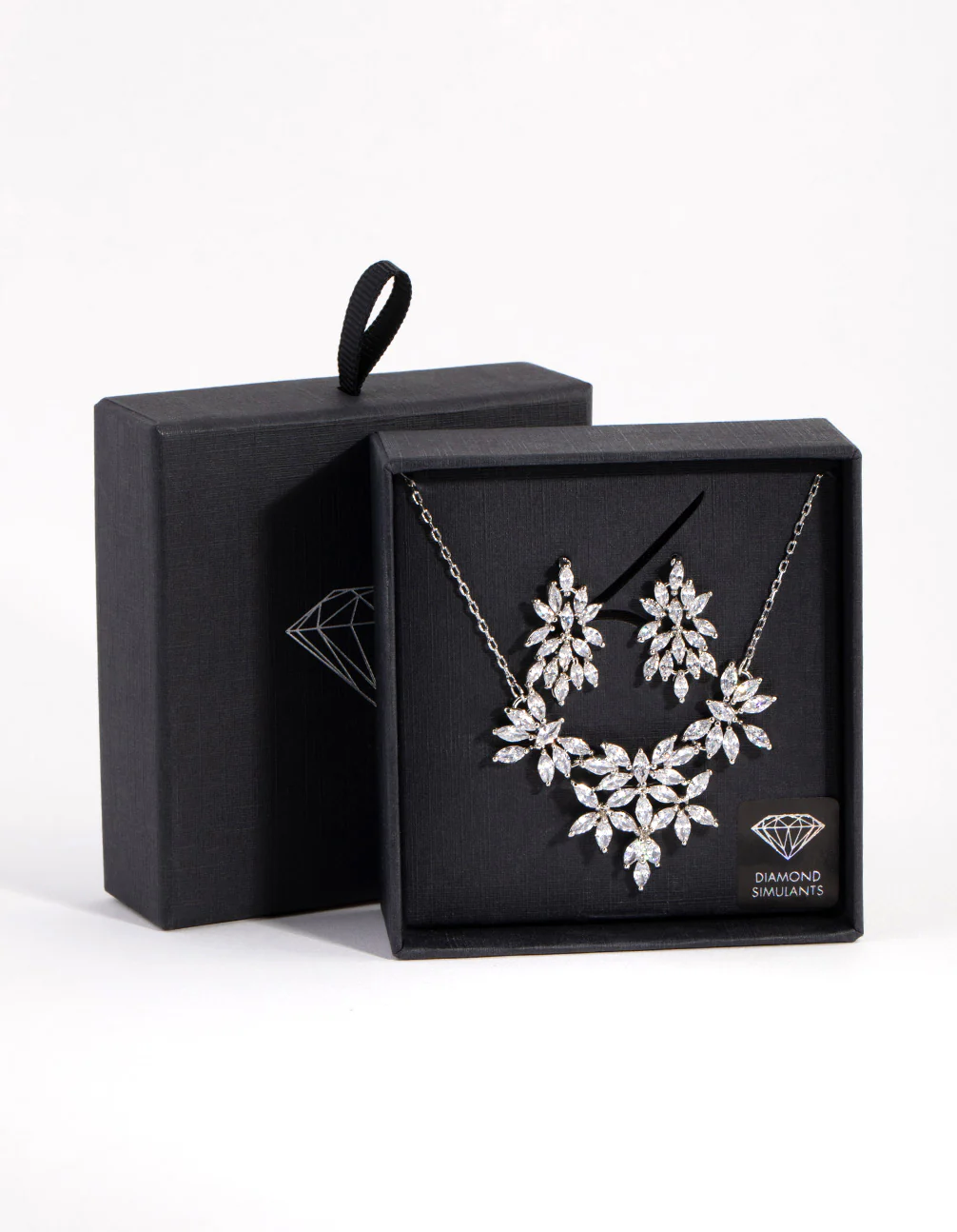 Silver Diamond Simulant Navette Flower Necklace & Earrings Set - Image 3