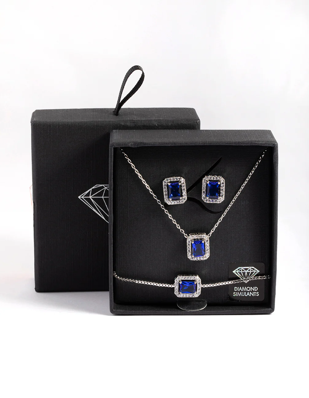 Silver Diamond Simulant Square Halo Earring, Necklace & Bracelet Set - Image 2