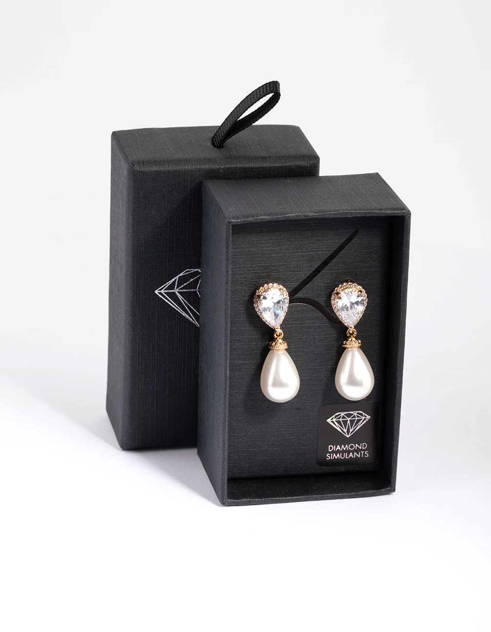 Gold Diamond Simulant Pearl Drop Earrings - Image 3