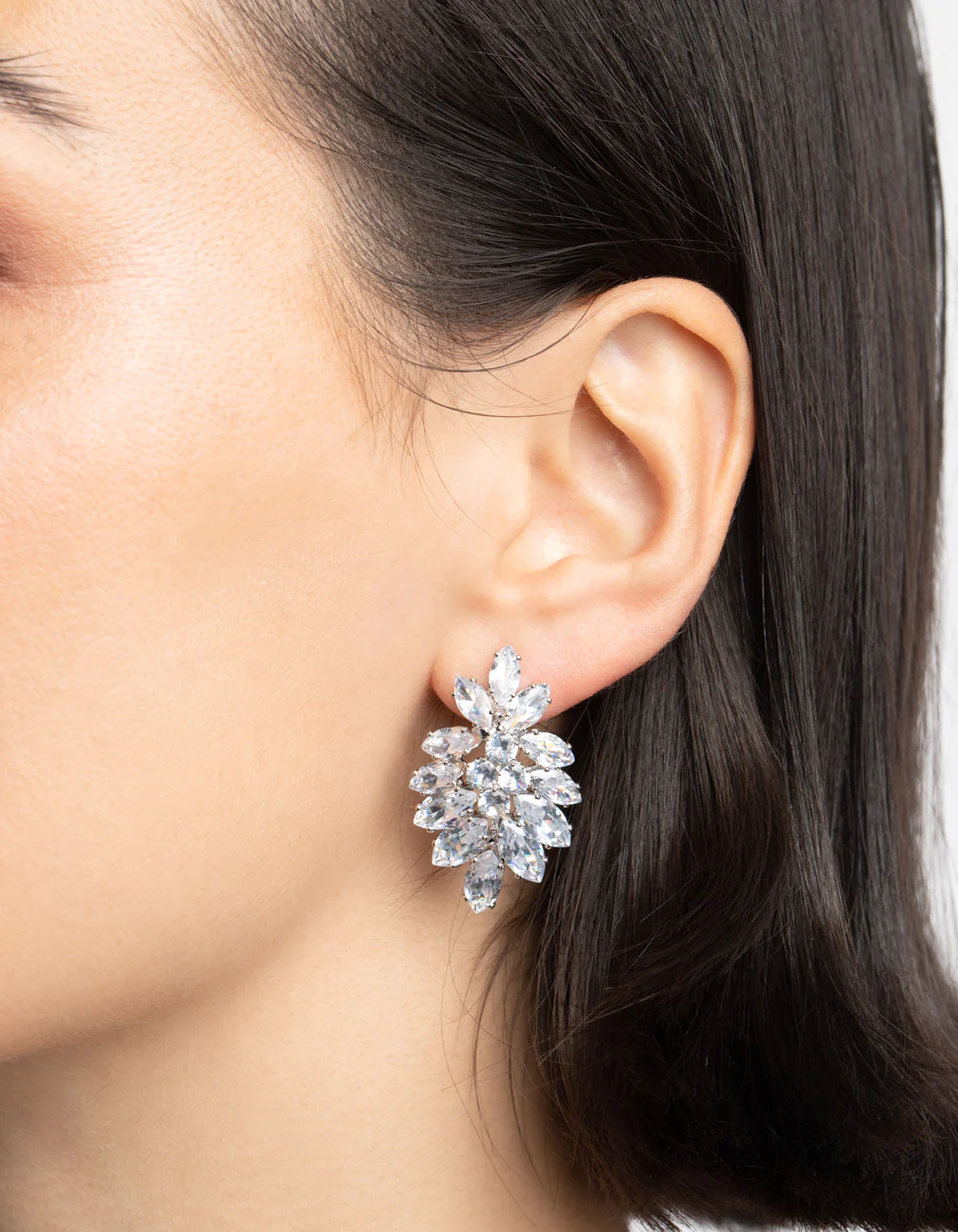 Silver Diamond Simulant Marquise Statement Earrings - Image 2