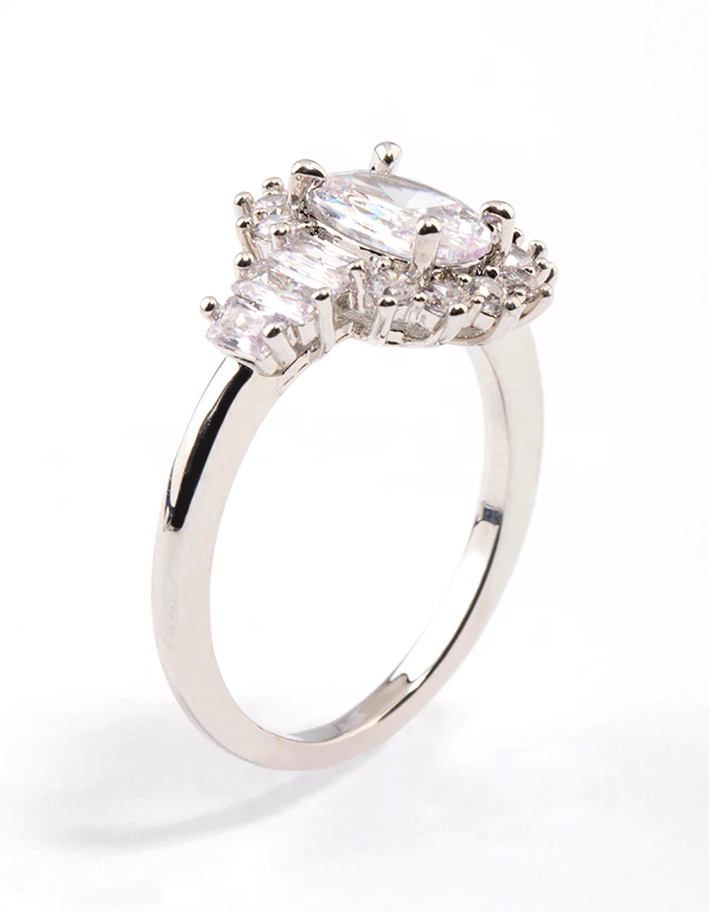 Rhodium Oval & Baguette Cocktail Ring - Image 2