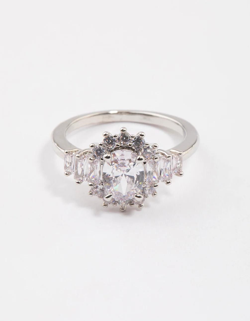 Rhodium Oval & Baguette Cocktail Ring - Image 3