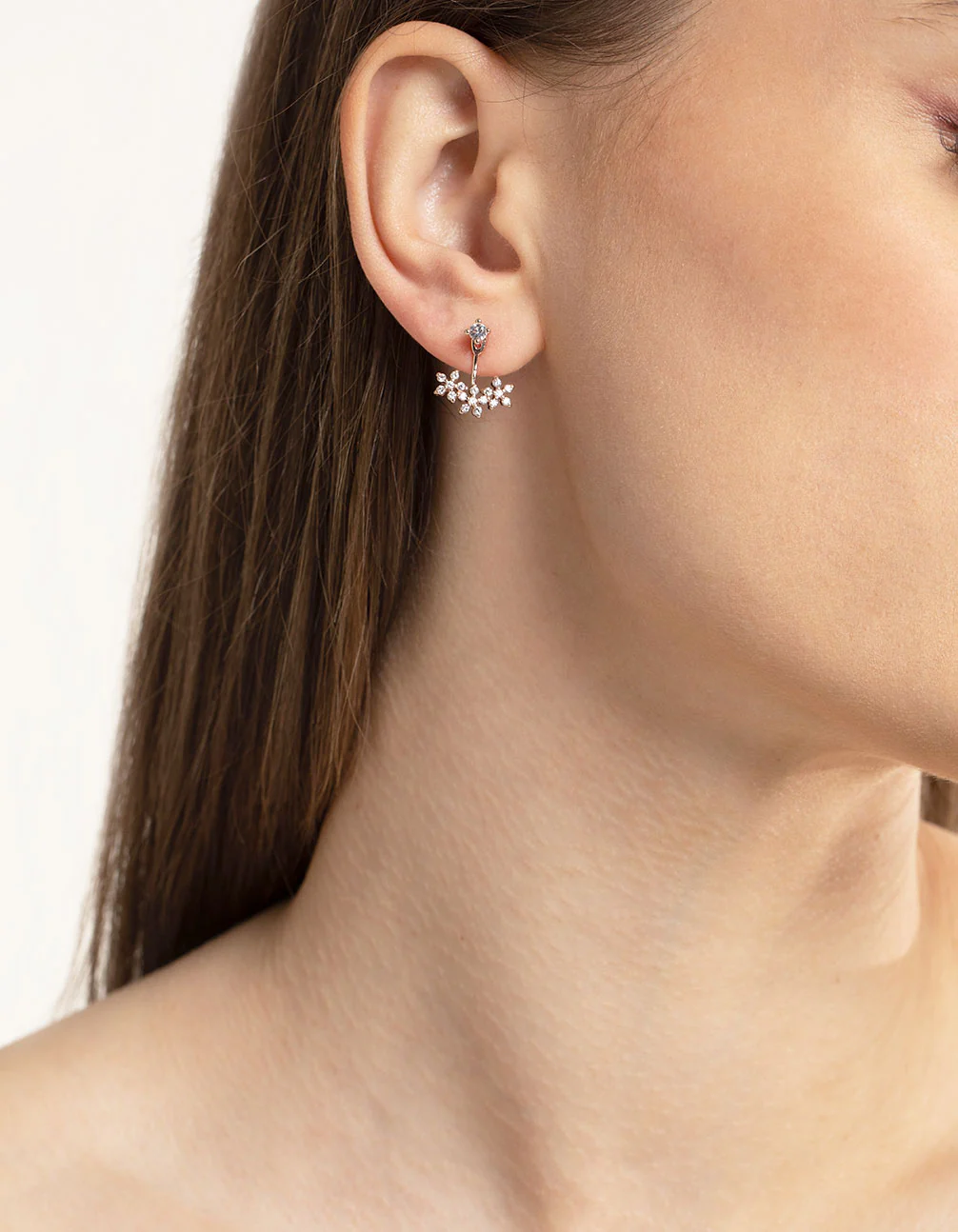 Rose Gold Plated Cubic Zirconia Flower Jacket Earring - Image 2