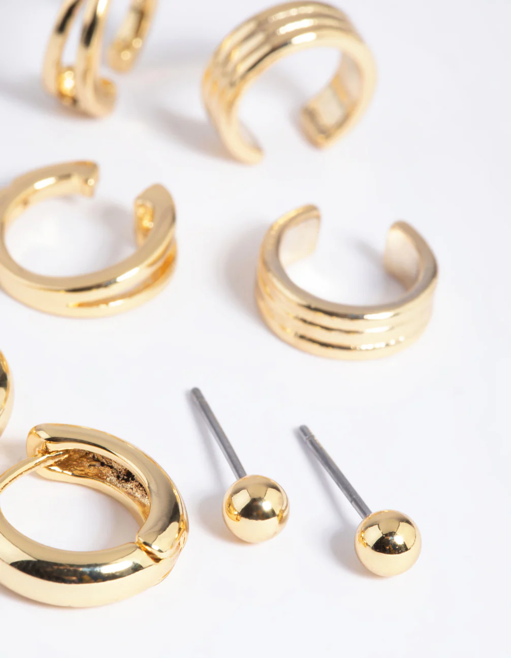 Gold Plated Brass Huggie & Cuff Earring Stack 8-Pack - Image 5