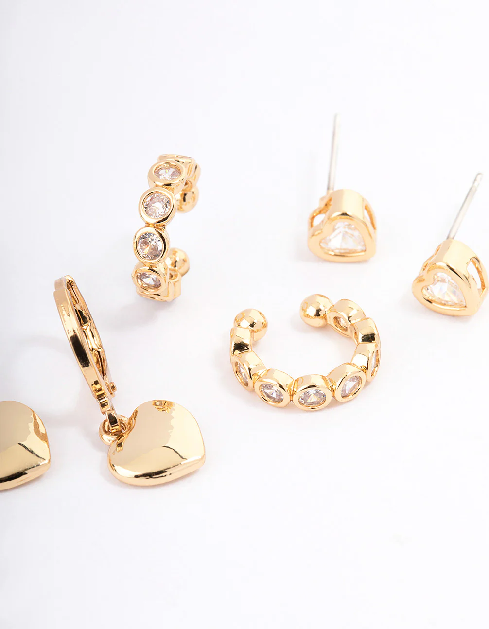 Gold Plated Brass Cubic Zirconia Heart Huggie & Cuff Earrings Pack - Image 2