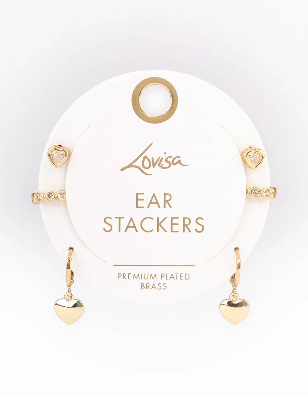 Gold Plated Brass Cubic Zirconia Heart Huggie & Cuff Earrings Pack - Image 3