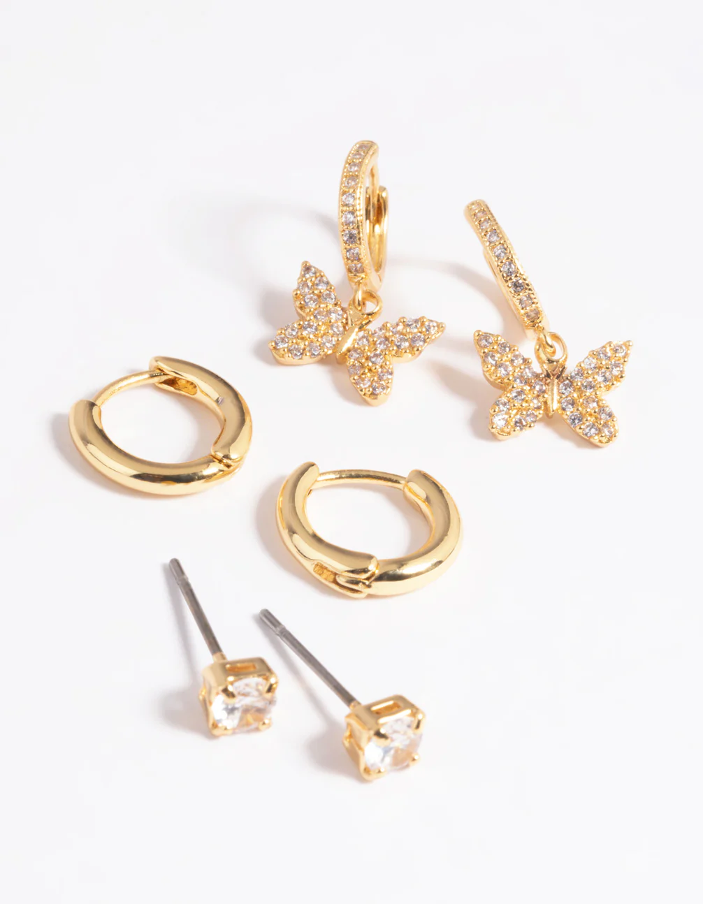 Gold Plated Brass Cubic Zirconia Butterfly Earring Stack 6-Pack