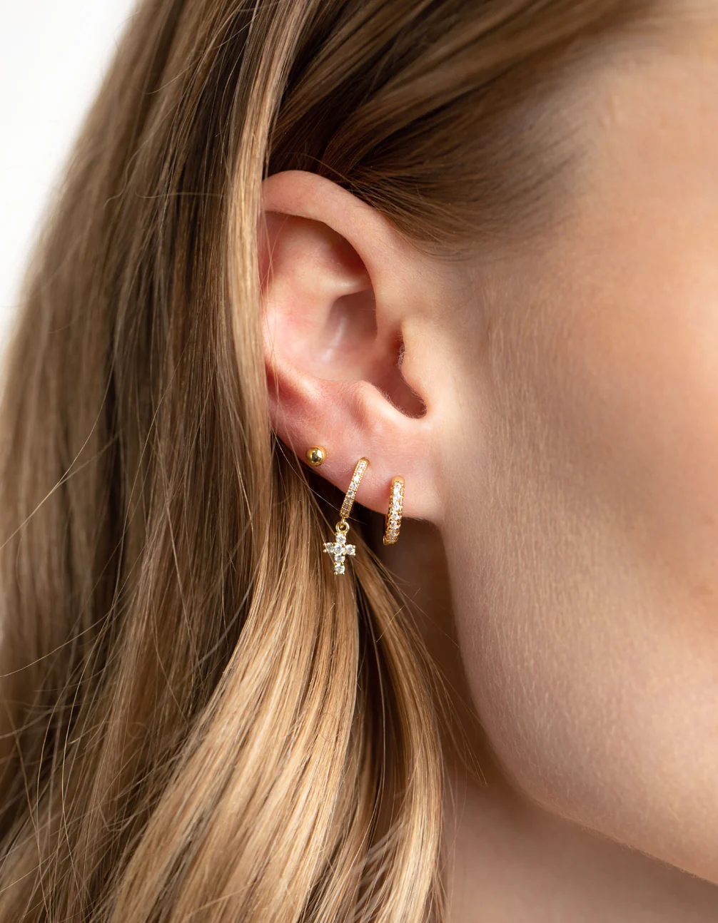 Gold Plated Brass Cubic Zirconia Pave Cross Earring Stack 6-Pack - Image 2