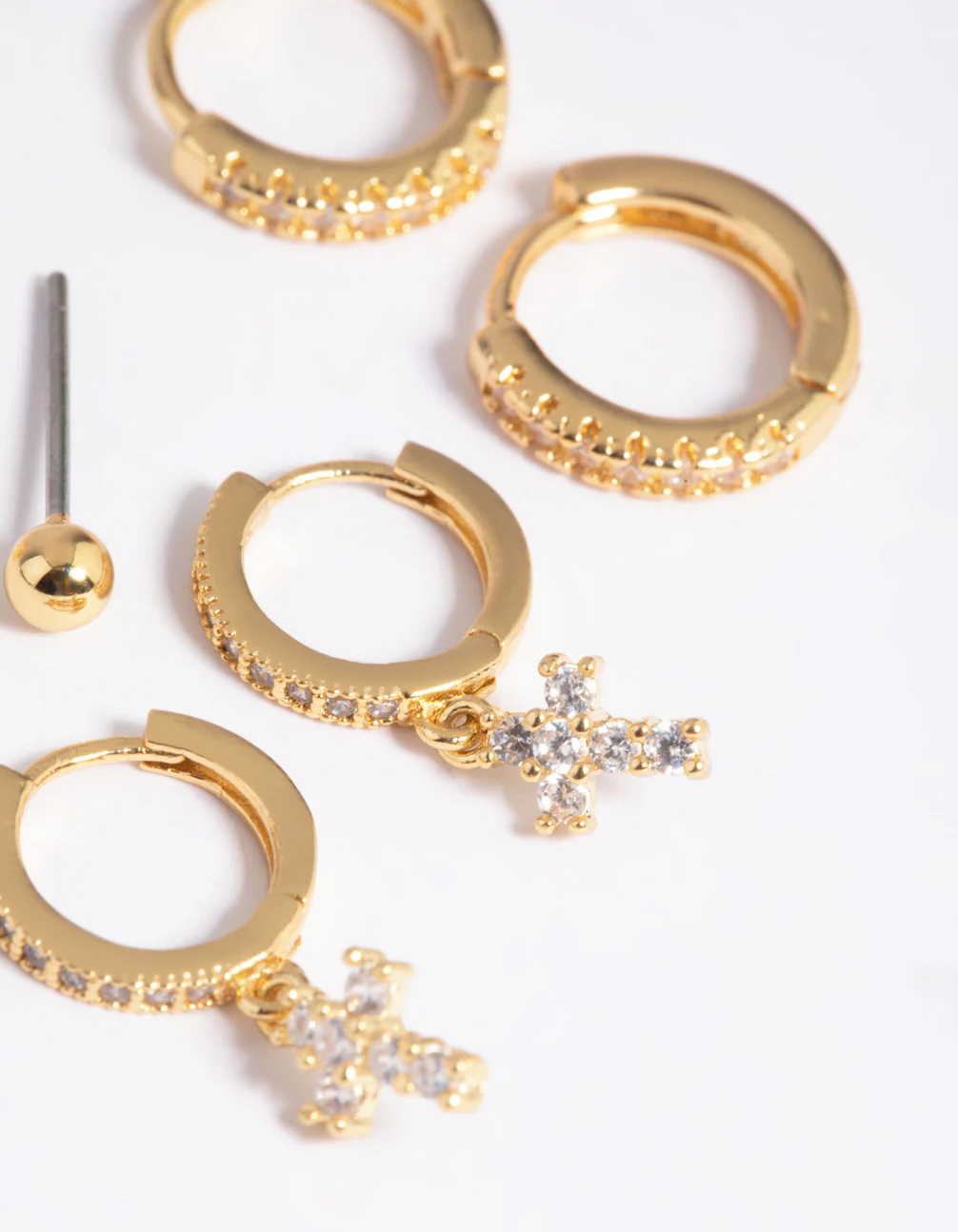 Gold Plated Brass Cubic Zirconia Pave Cross Earring Stack 6-Pack - Image 4
