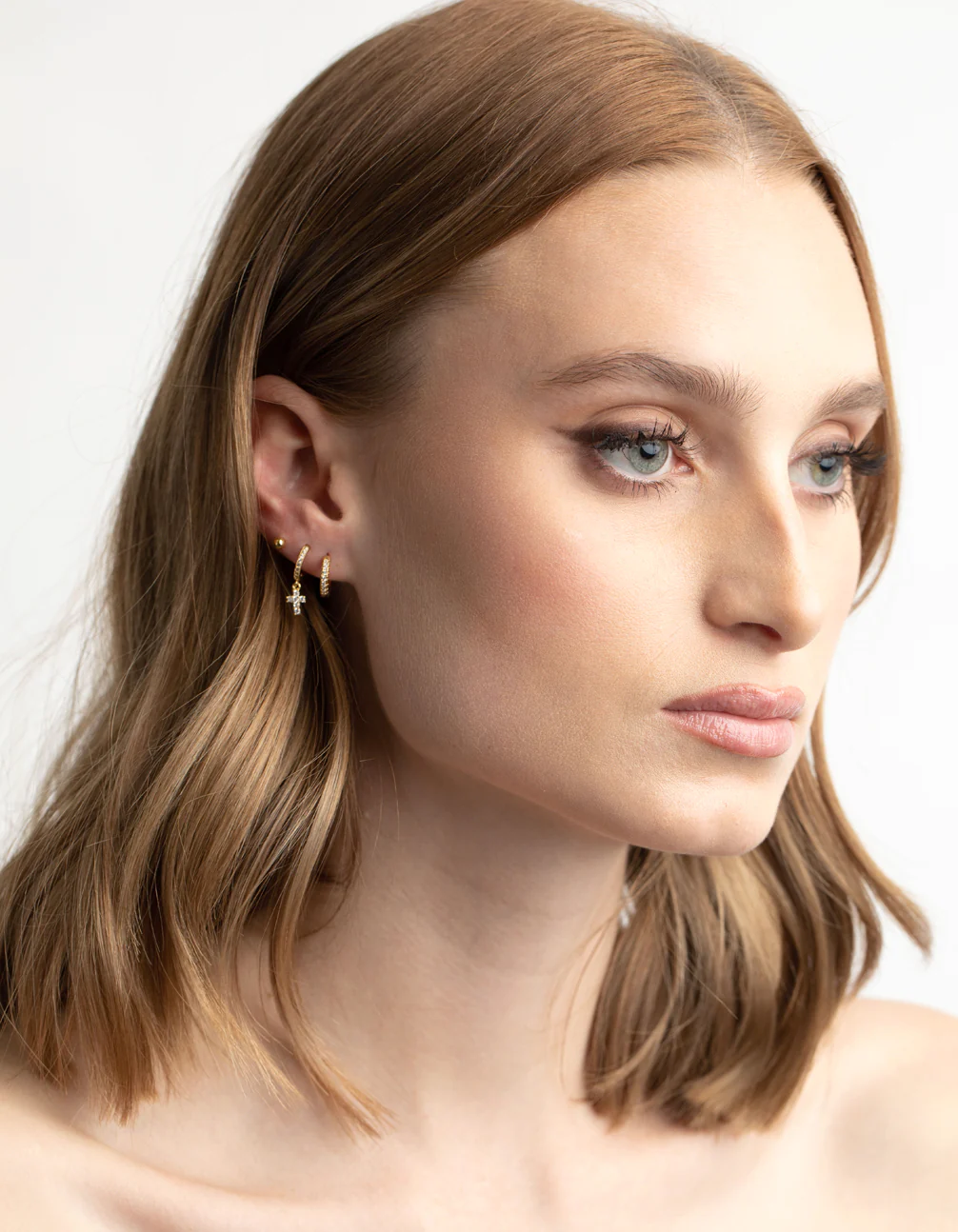 Gold Plated Brass Cubic Zirconia Pave Cross Earring Stack 6-Pack - Image 5