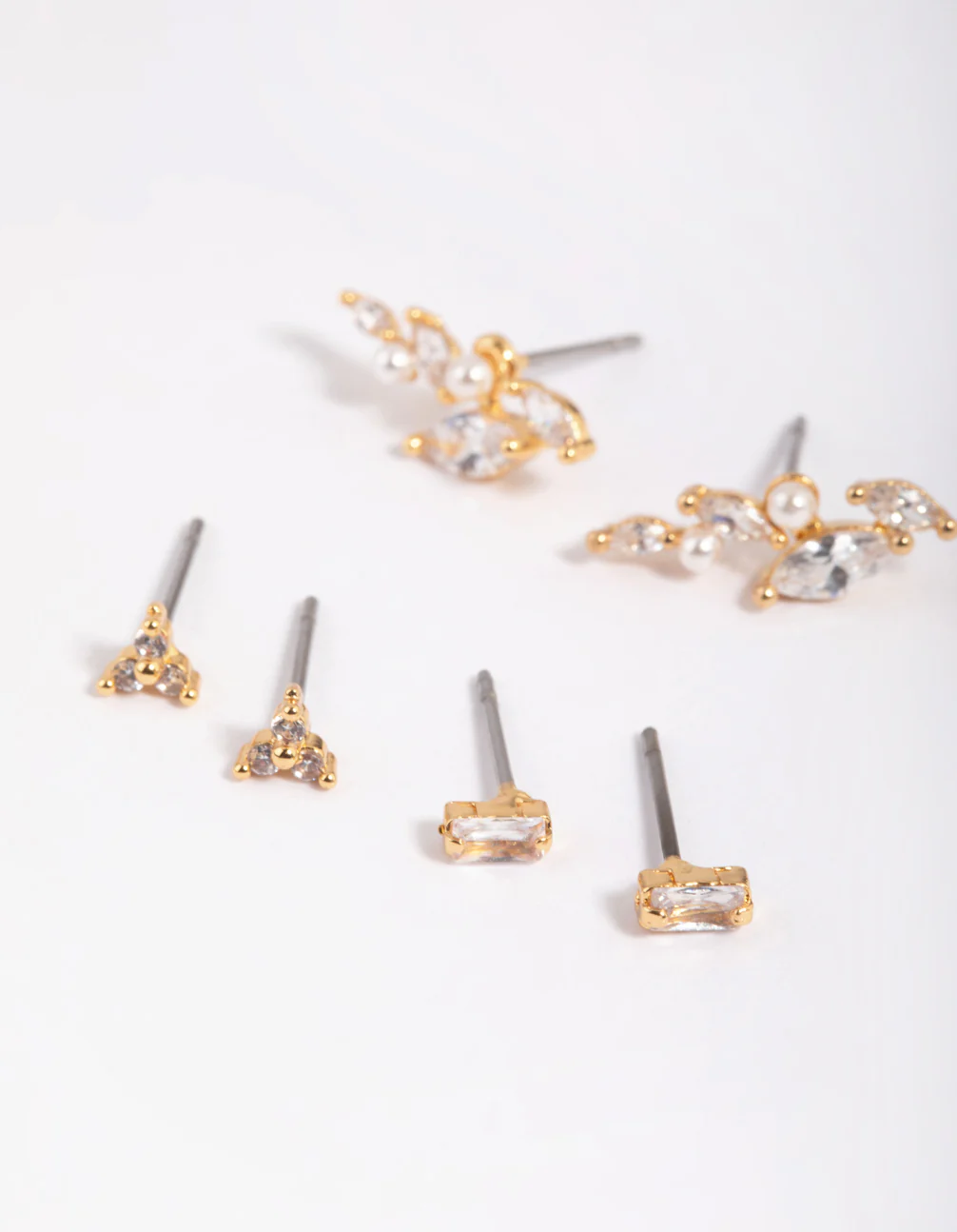 Gold Plated Brass Cubic Zirconia & Pearl Leaf Earring Stack 6-Pack - Image 4