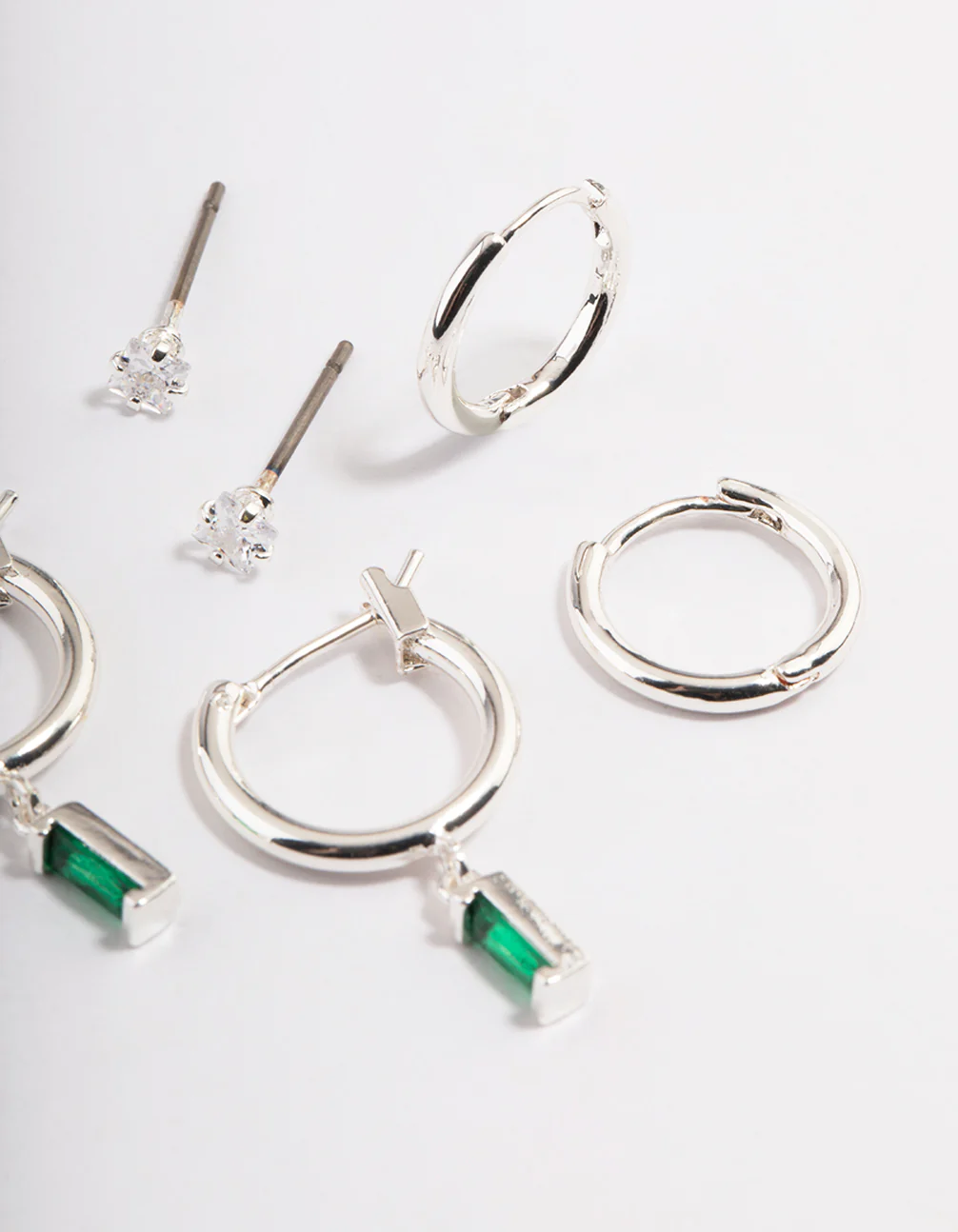 Silver Plated Brass Cubic Zirconia Emerald Cut Huggie Earrings 6-Pack - Image 3