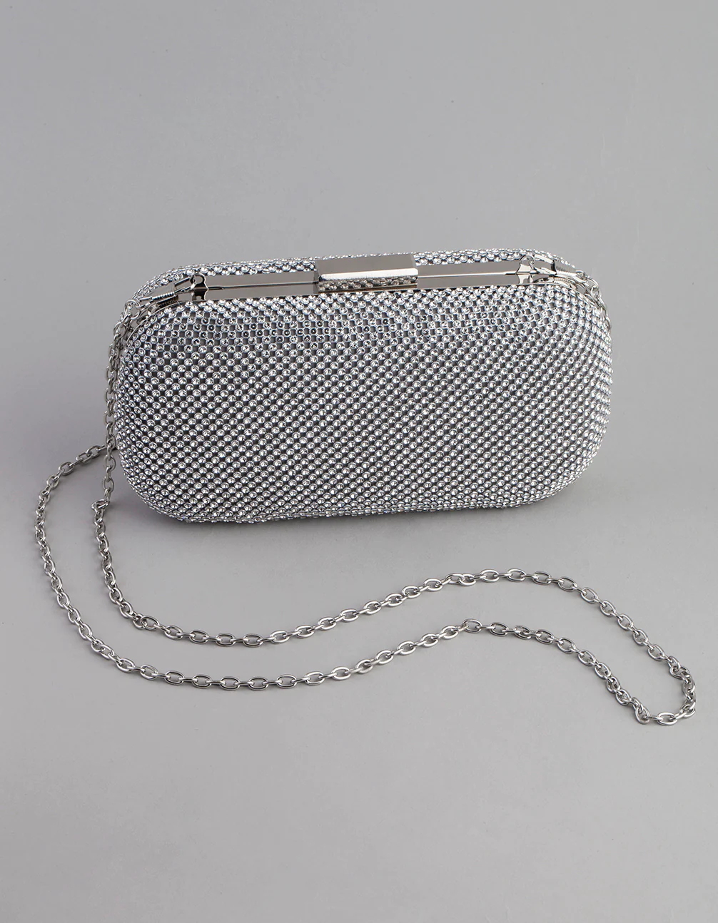 Silver Diamante Rounded Rectangular Clutch - Image 4