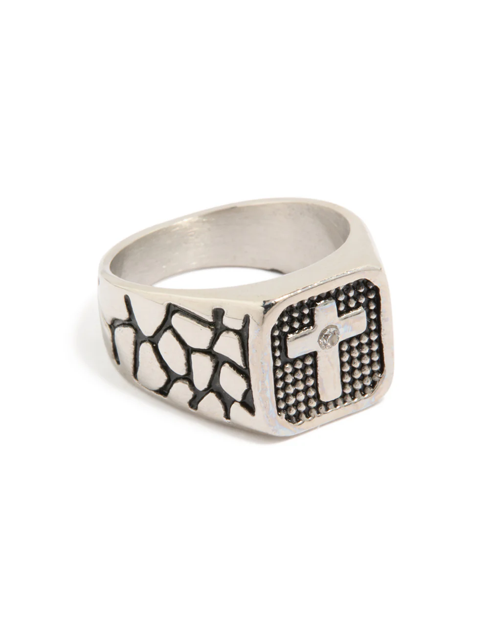 Mens Waterproof Stainless Steel Black Etched Cubic Zirconia Cross Signet Ring