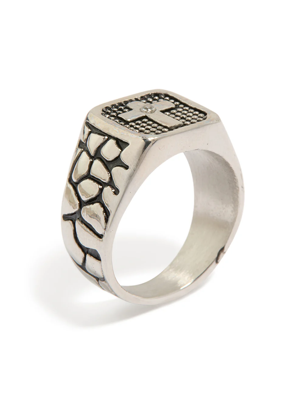 Mens Waterproof Stainless Steel Black Etched Cubic Zirconia Cross Signet Ring - Image 2